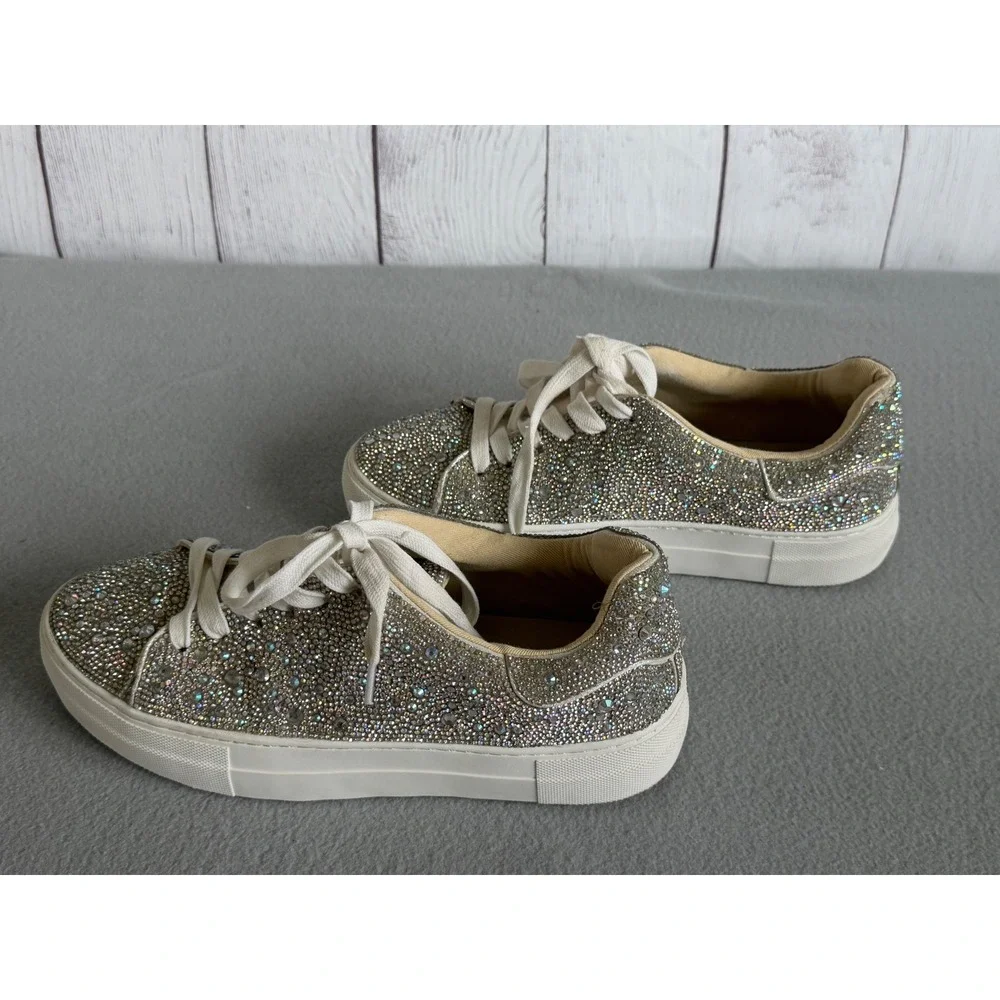 Betsey Johnson Sidny Rhinestone Platform Sneakers Silver Iridescent Sparkle 8.5 - Picture 2 of 10